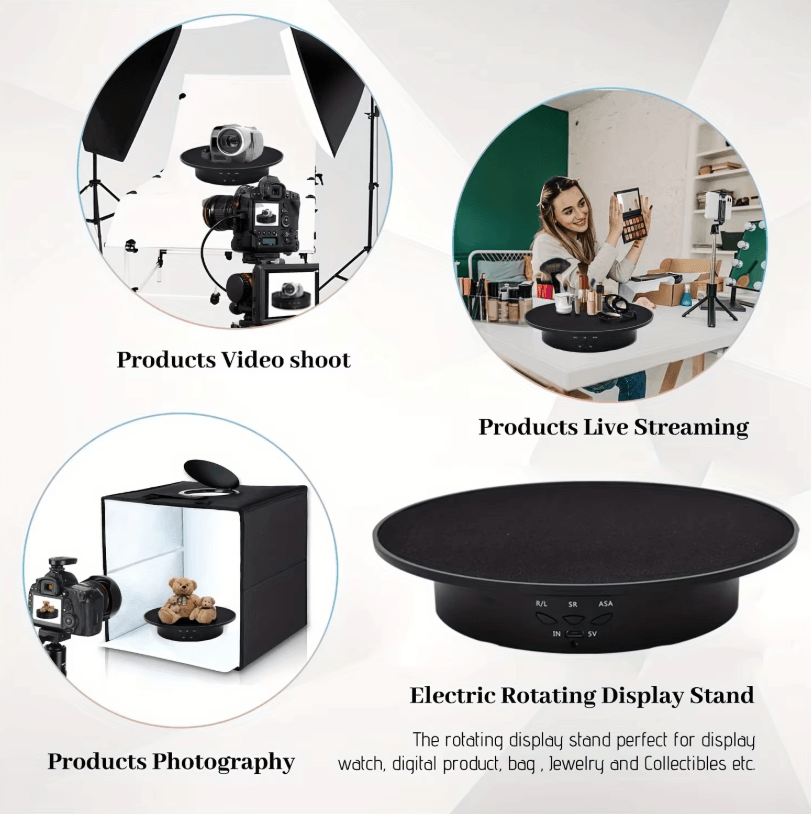 3-Speed Electric Rotating Display Stand – 360 Degree Turntable Jewelry Holder with Battery and USB Power for Photography