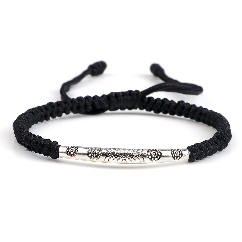 Handmade Woven Lucky Rope Chain Bangle Bohemia Long Tube Carved Flower Pendant Bracelet Jewelry Gift