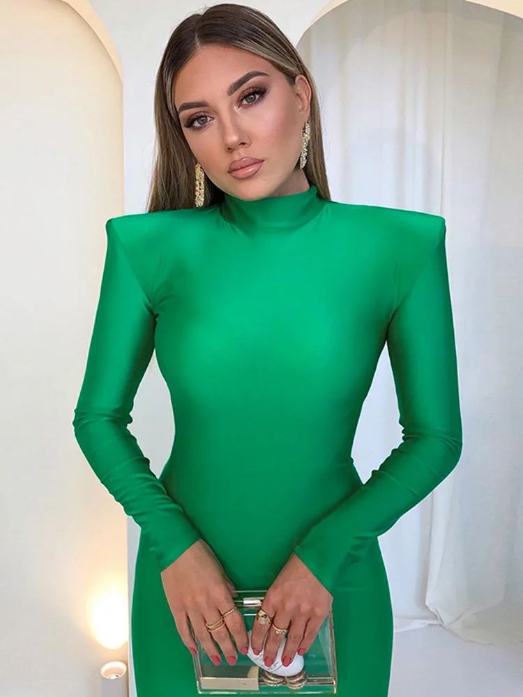 Elegant Green Long Sleeve Bodycon Maxi Dress with Shoulder Pads – Party & Club Evening Gown