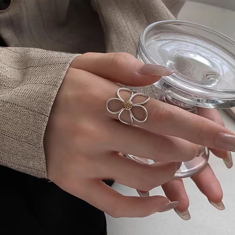 Handmade 925 Sterling Silver Big Flower Ring – Minimalist Couple Jewelry Gift