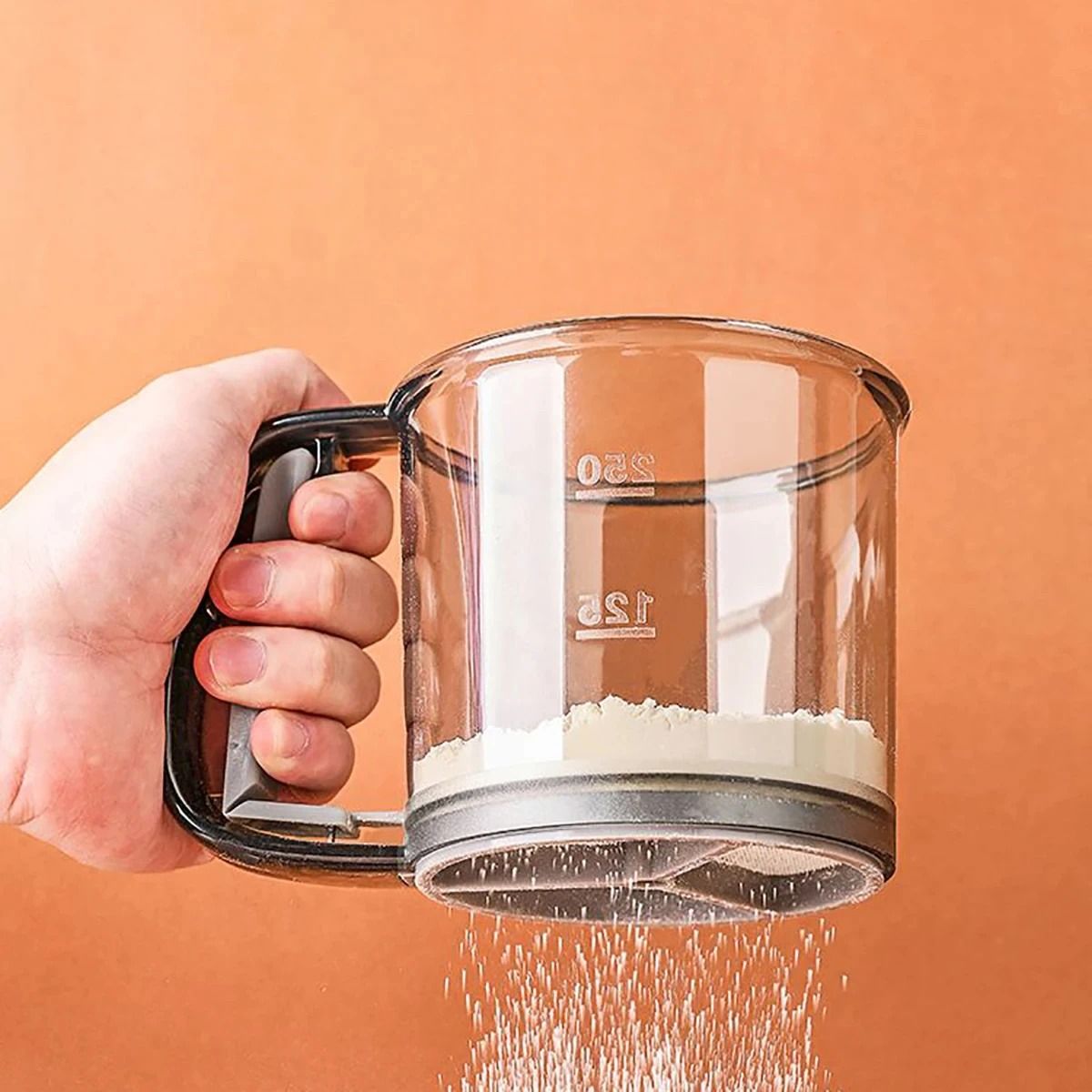 Semi Automatic Flour Sifter Cup with 40 Mesh Stainless Steel Screen and Measuring Scale