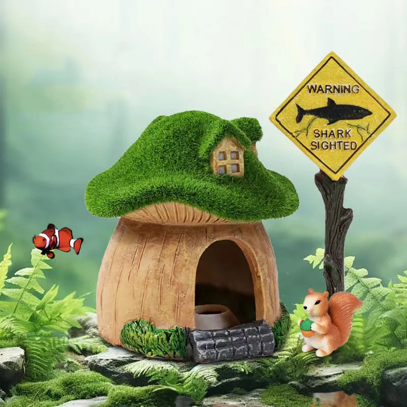 Mushroom and Moss House Ornament for Fish, Shrimp Shelter, Aquarium Decoration, Desk Decor Landscape for Fish Tank, Home
