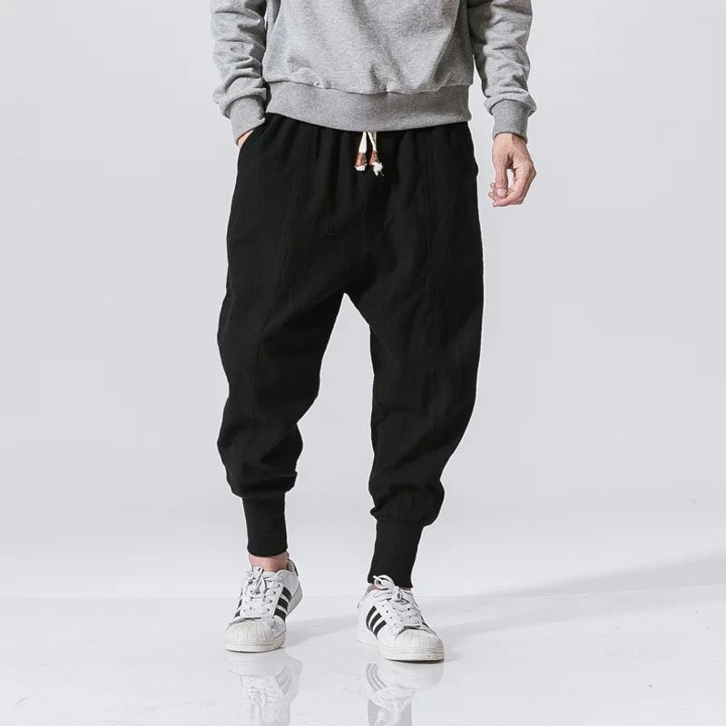 Mens Cotton Linen Harem Pants Casual Baggy Drop Crotch Joggers with Elastic Waist