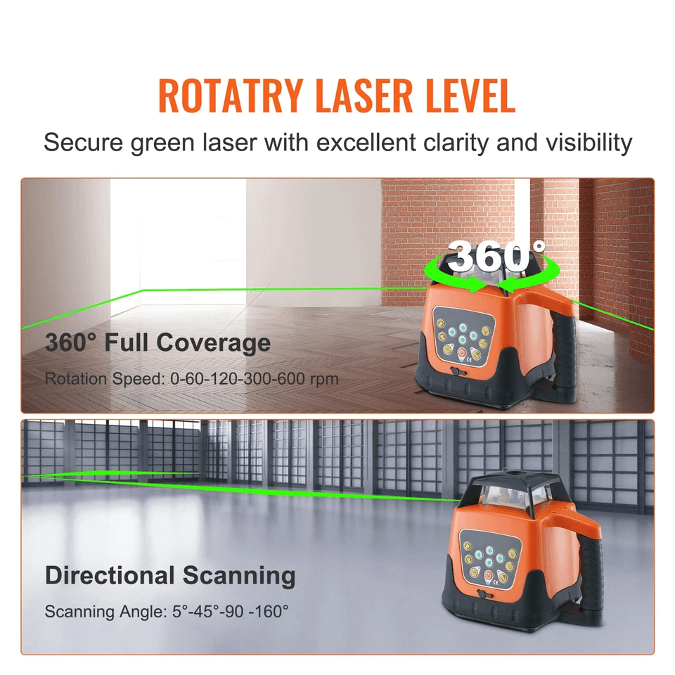 Self-Leveling 360° Rotary Green Beam Laser Level Tool Range, IP66 Waterproof, Remote Control, Rechargeable Battery
