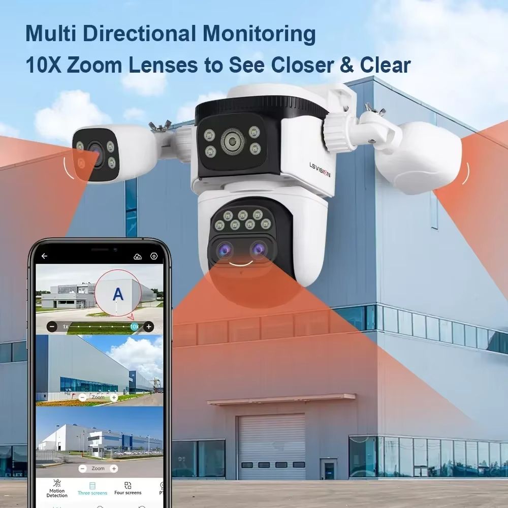 LS VISION 10K Four Lens PTZ Camera 20MP, 10X Zoom 4 Screens Wireless Outdoor IP Security Camera with Auto Human Tracking