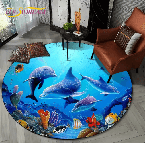 3D Ocean Dolphin Area Rug – Non-Slip Underwater Illusion Round Carpet