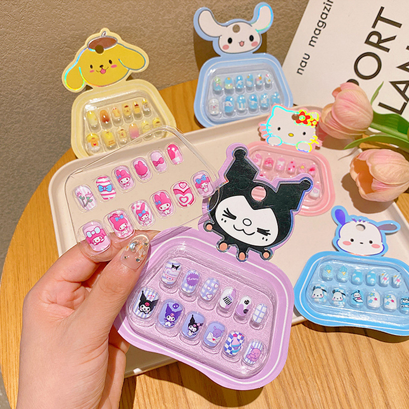 3D Rhinestones Sanrio Hello Kitty, Kuromi, My Melody Kids Press-On Nails with Bows, Self-Adhesive Nail Stickers