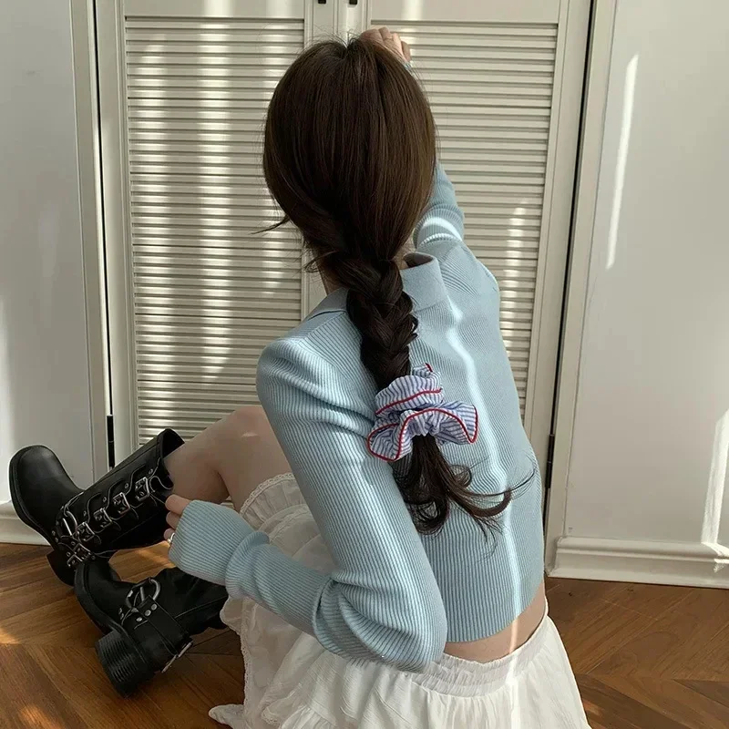 Sweet Fresh Blue Striped Hair Tie Scrunchies for Women, Red Hem Elastic Hair Bands for Girls, Cute Hair Accessories
