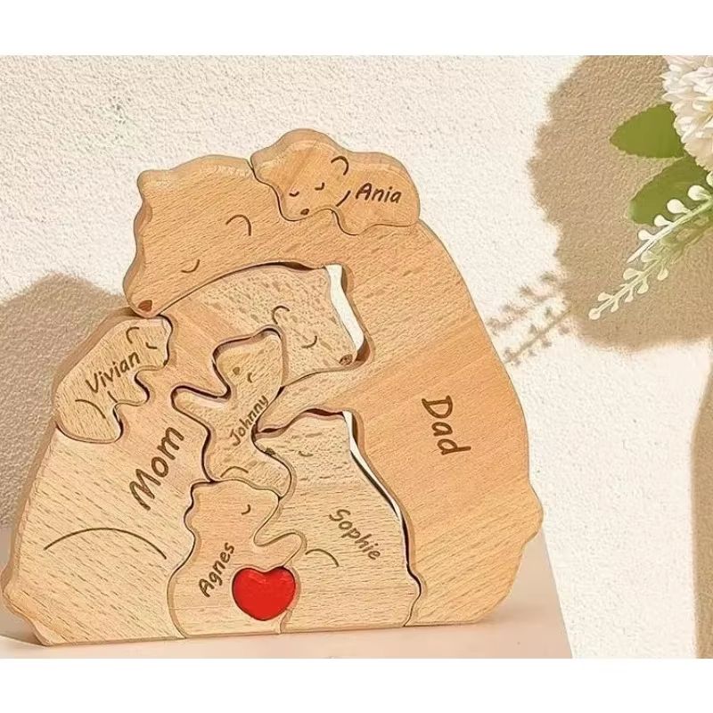 Custom Name Bear Family Puzzle Ornament Personalized Wooden Keepsake Gift