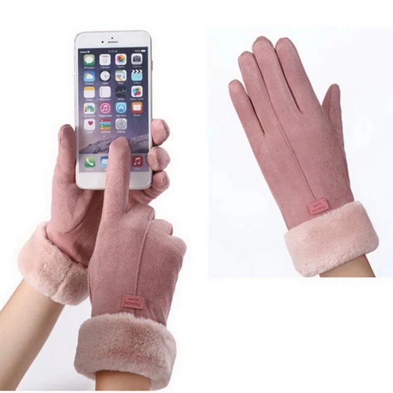 Womens Winter Plush Touchscreen Gloves Warm Suede Outdoor Driving Gloves