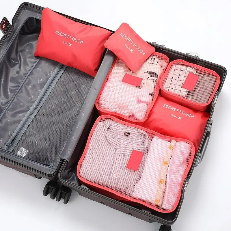 Waterproof Luggage Travel Bags Set – Red Organizer for Clothing, Shoes, Underwear Storage