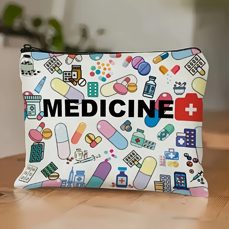 Medicine-Themed Cosmetic Travel Bag - Foldable Lightweight Zippered Makeup Organizer with Pill & Syringe Design, Durable