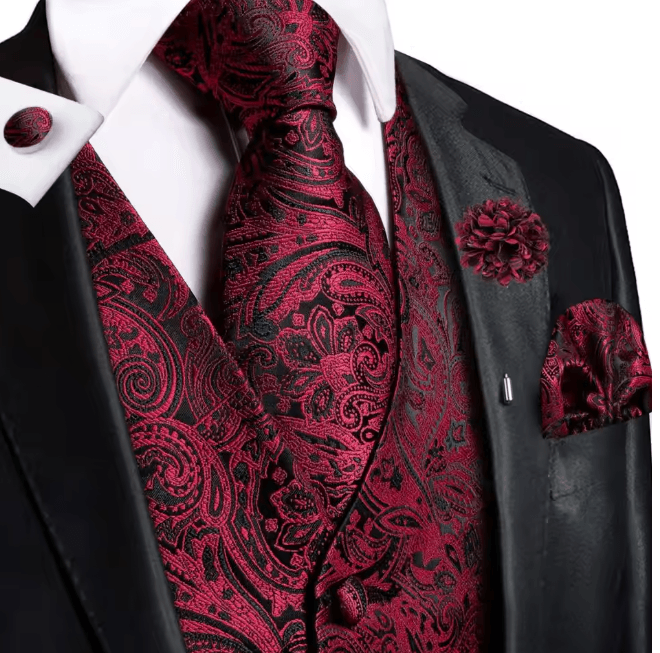 Mens Silk Jacquard Vest Tie and Accessory Set for Formal Wear