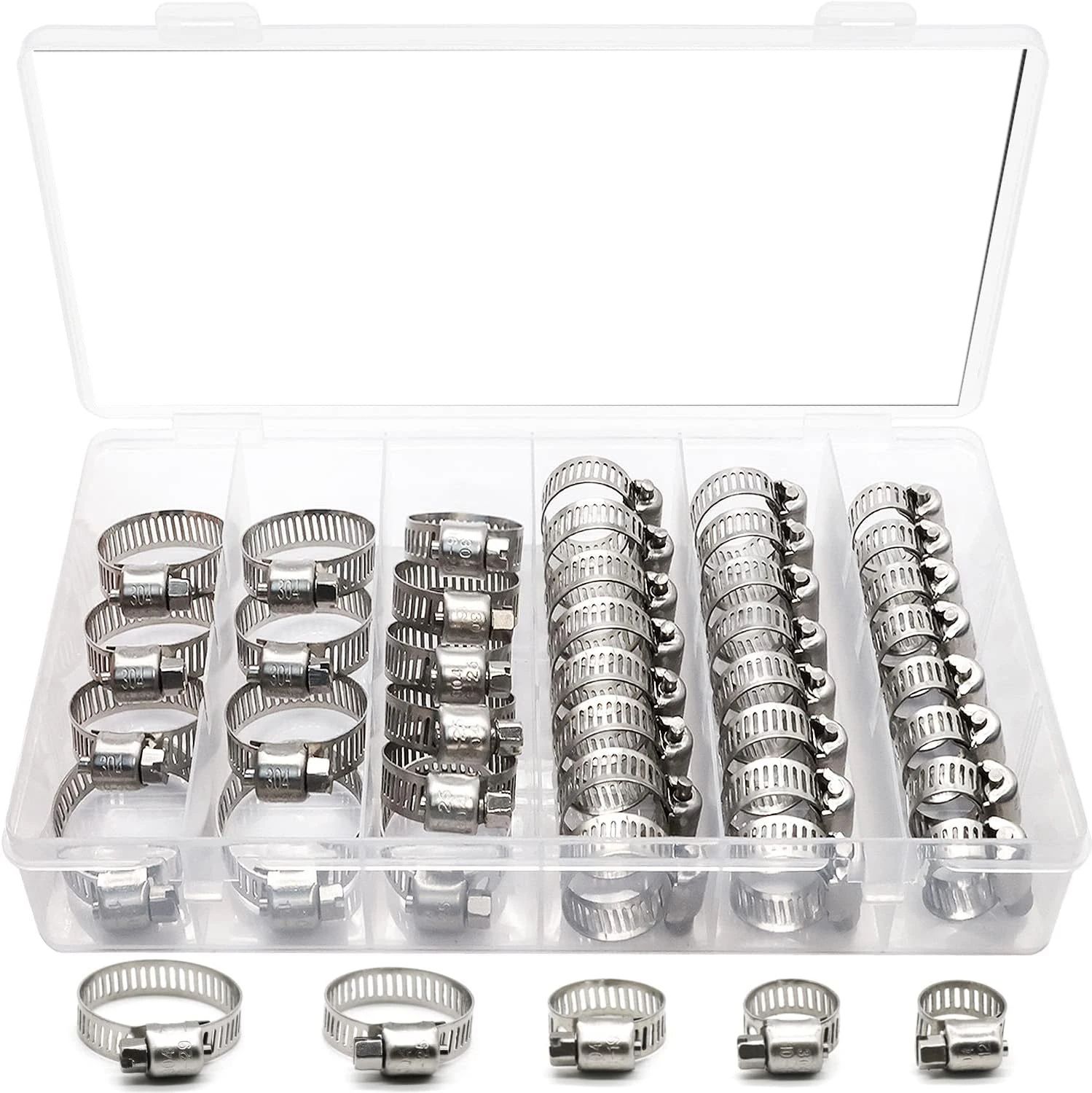 40pcs Stainless Steel Hose Clamp American Style Throat Clamp Assortment for Pipes, Tubes, Fuel Lines, and Automotive Use
