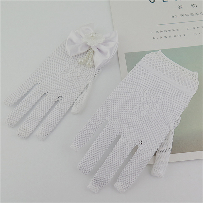 1 Pair Girls Kids White Lace Wedding Gloves with Faux Pearl Bowknot, Fishnet Flower Girl Communion Ceremony Party
