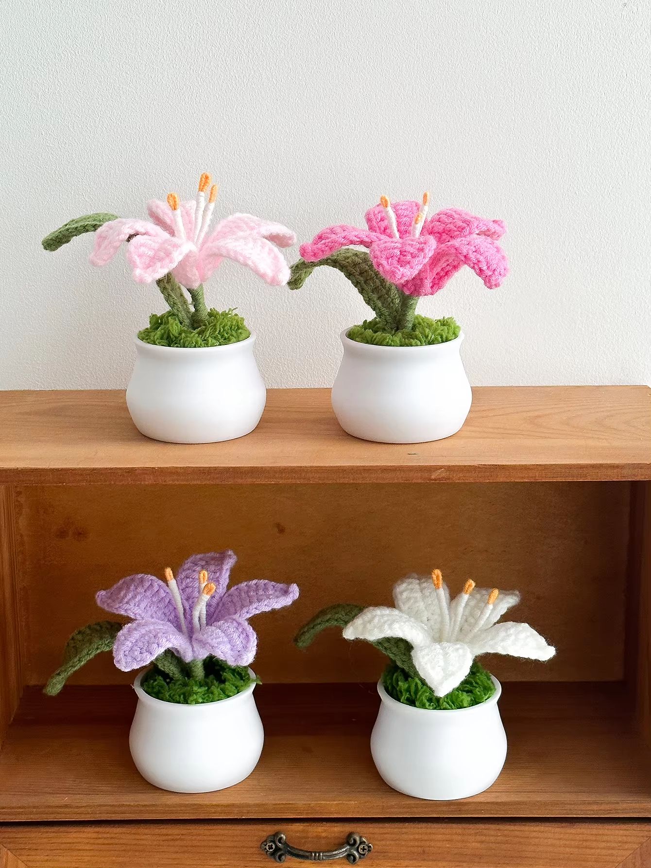 Handmade Crochet Lily Flower Pot Mini Decorative Potted Bloom Gift for Home and Desk