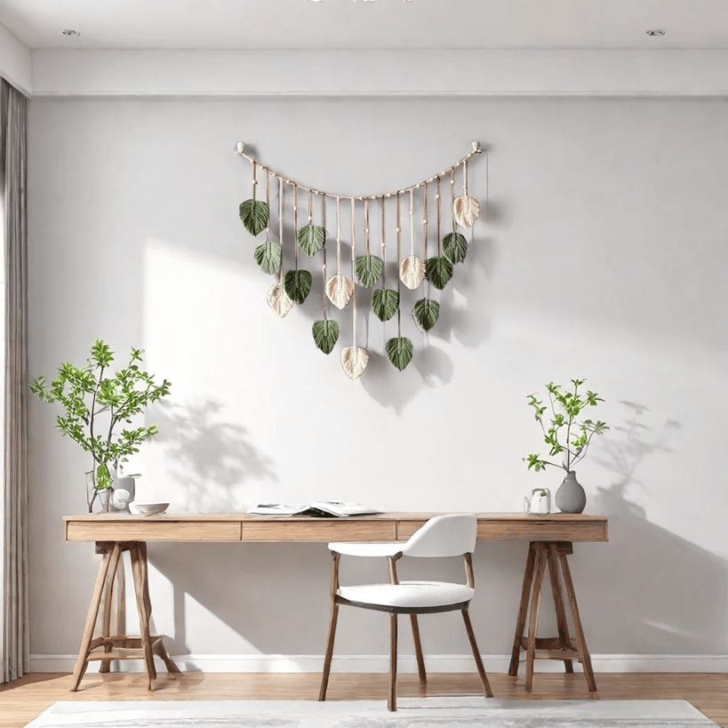 Boho Macrame Leaf Wall Hanging – Feather Tapestry Home Decor for Bedroom or Living Room