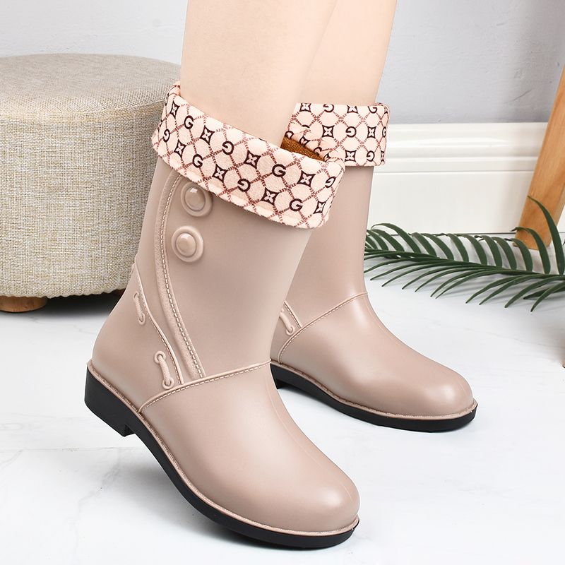 Mid Calf Non Slip Wear Resistance Waterproof Rain Boots - PVC Flat Round Toe Fashion Thermal Rain Shoes