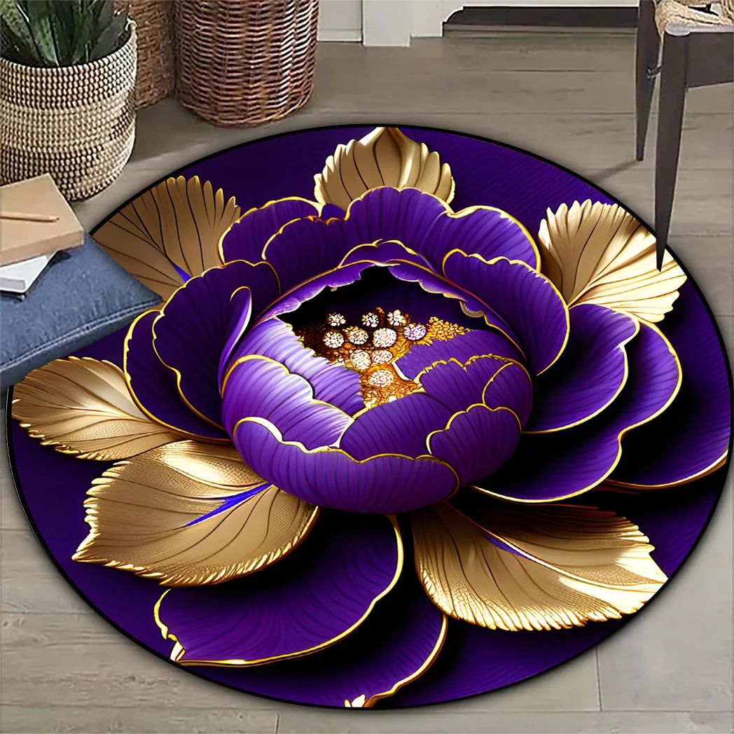 Purple Gold Peony Round Area Rug – Washable Non-Slip Polyester Carpet for Living Room & Bedroom Decor