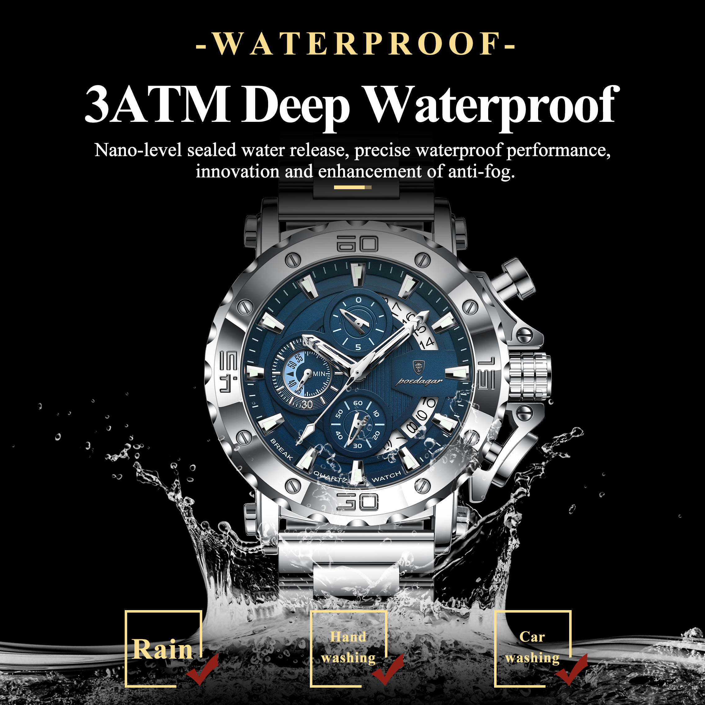 Luxury Men Chronograph Watch Waterproof Stainless Steel Luminous Calendar Timepiece