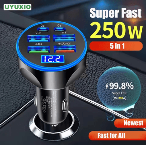 UYUXIO 6 in 1 Multi Port USB-C Car Charger with PD 30W and Voltage Display