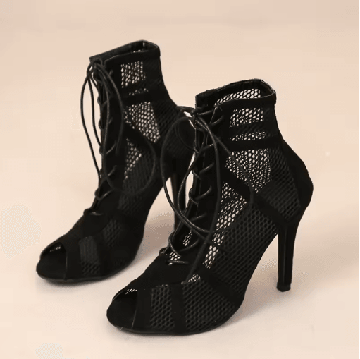Sexy Hollow Mesh Cross Tied Peep Toe High Heel Sandals with Ankle Strap