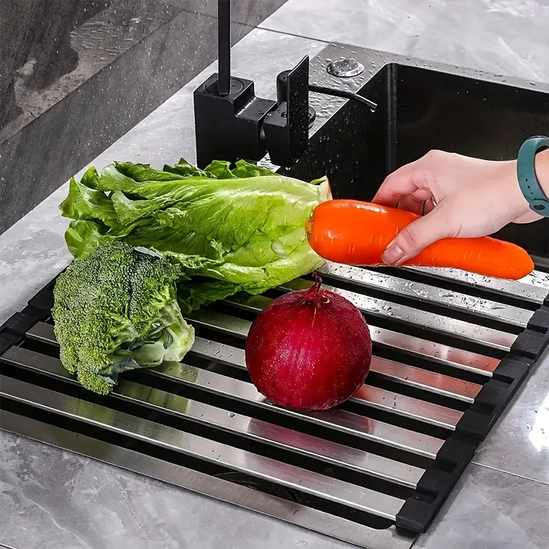Stainless Steel Kitchen Sink Drain Rack, Fold able Telescopic Dish Rack, Space-Saving Drain Basket