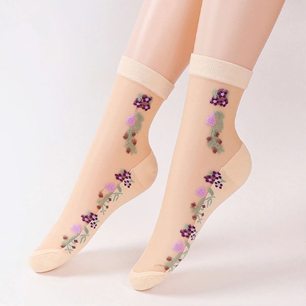 5 Pairs Ice Silk Socks Women Spring Summer Mid Tube Breathable Anti Slip Crystal Thin