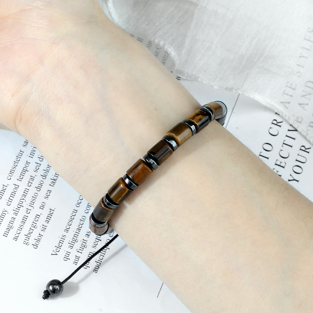 Men Cylindrical Tiger Eye Stone Bracelet, Nature Stripe Agate Beads, Reiki Healing Jewelry, Women Charm Pulsera