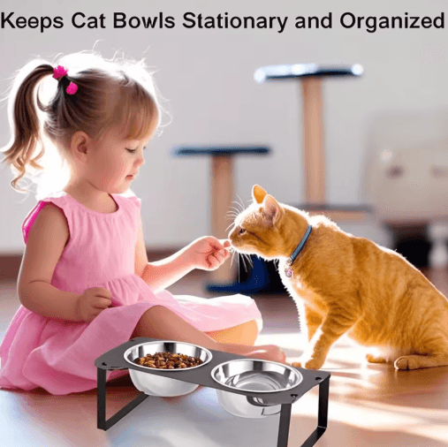 15° Tilted Elevated Cat Feeder with Double Stainless Steel Cat Bowls & Cute Metal Stand