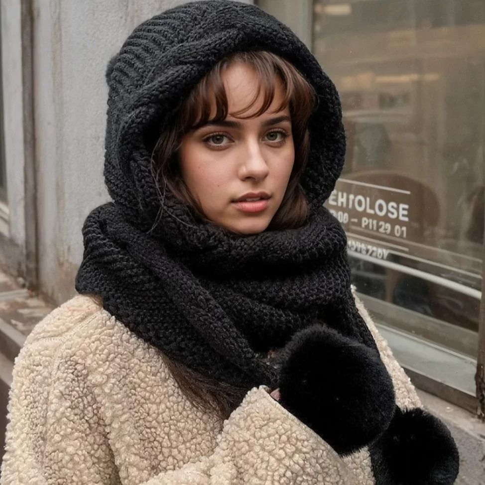 Women Winter Hat Scarf Thermal Wool Pom Beanie Balaclava Set