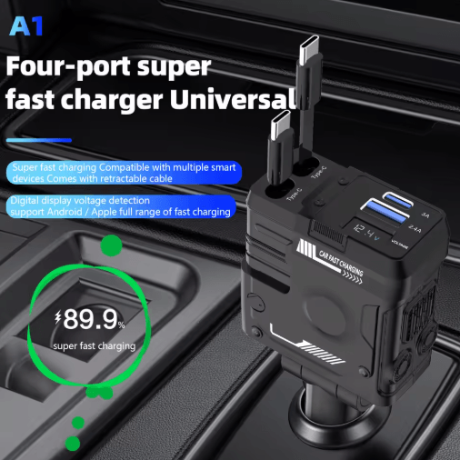 Retractable 4-in-1 Fast Charging Car Charging Cable & Adapter Universal Multi-Device Power Solution