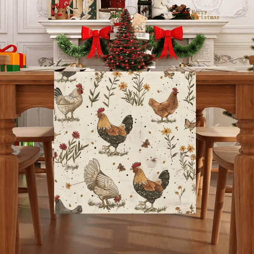 Farmhouse Rooster & Wildflower Linen Table Runner – Rustic Country Kitchen Table Decor