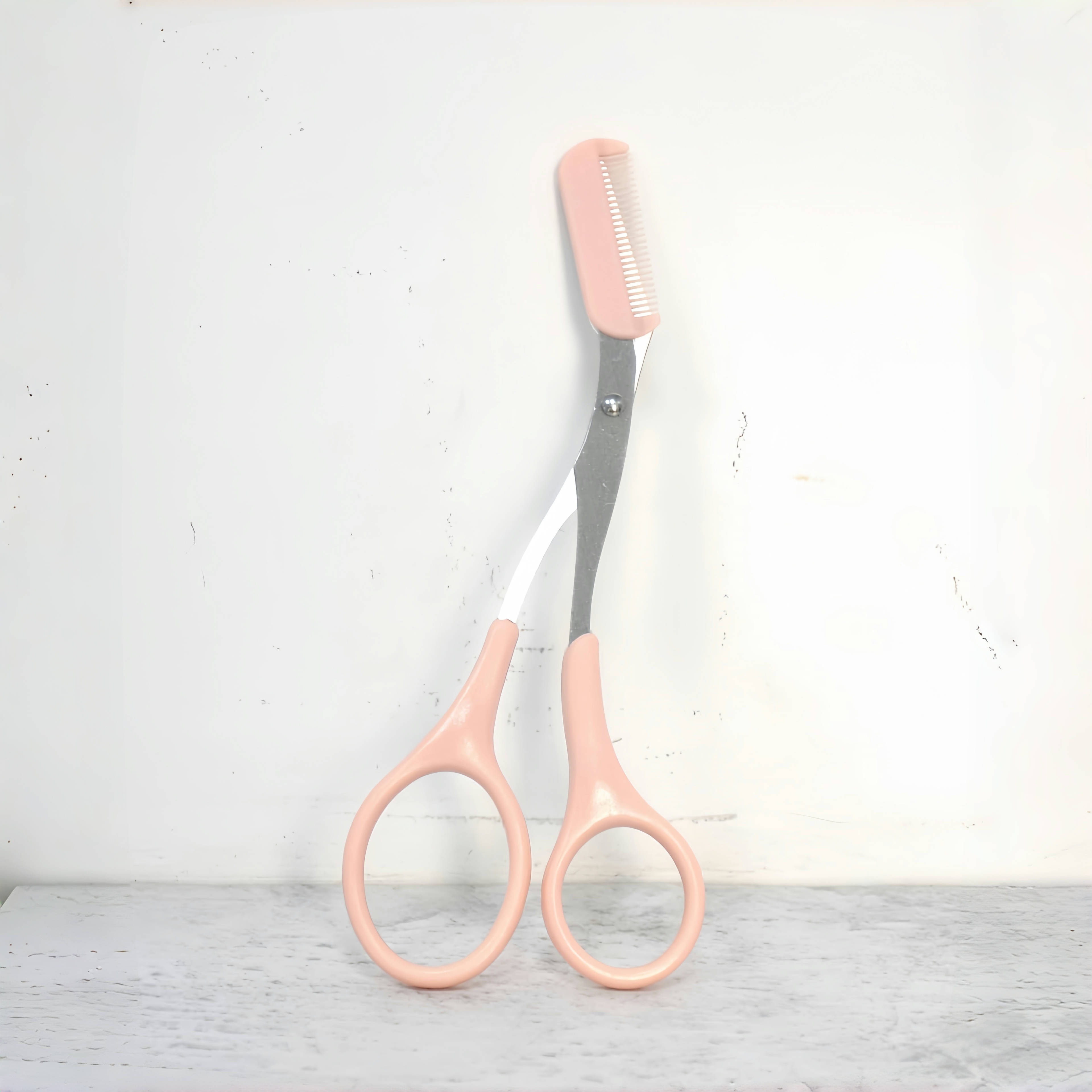 Pink Eyebrow Trimming Scissors with Built-in Comb, Stainless Steel Precision Grooming Tool