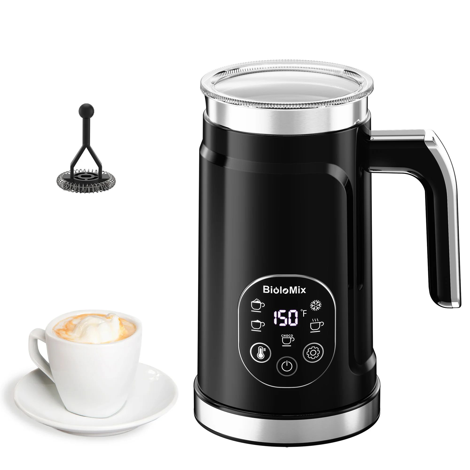 BioloMix 5-in-1 Smart Milk Frother with LED Touch Display – Hot & Cold Foam Maker & Warmer