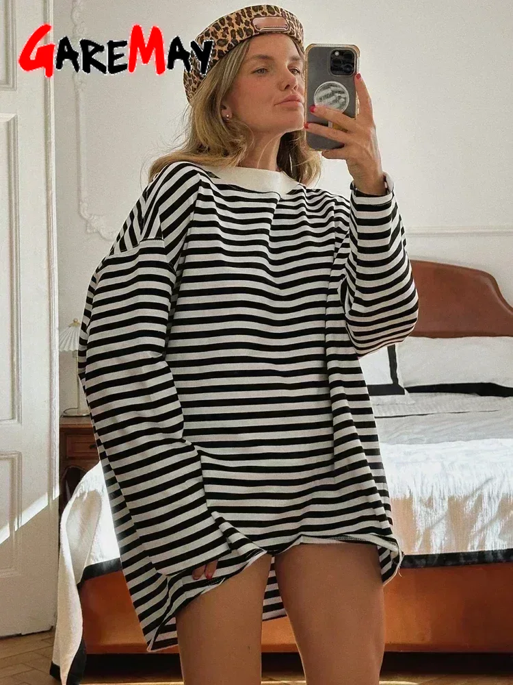 Black and White Striped Long Sleeve T-Shirt for Women, Oversized Cotton Casual Basic Top, Vintage Style Loose Fit Tee