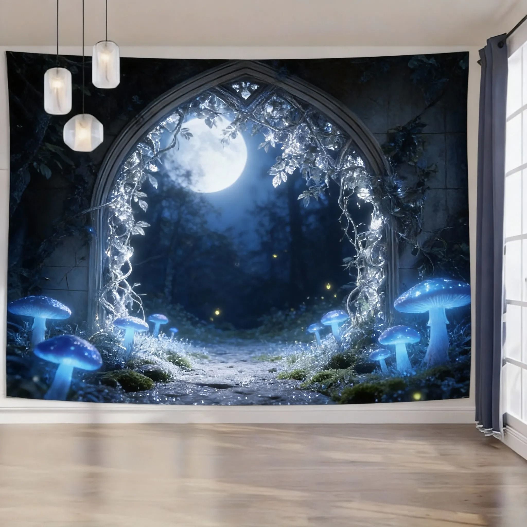 Enchanted Gothic Window Lush Garden Tapestry