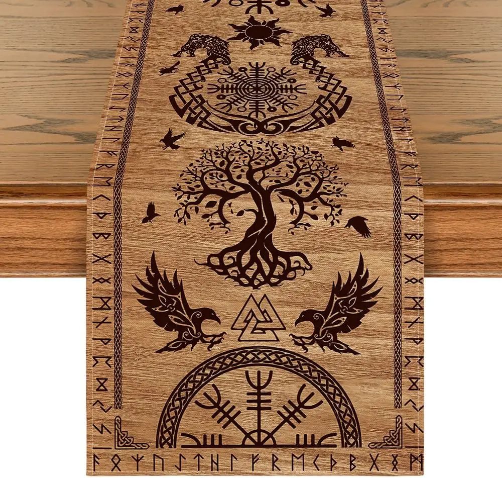 Viking Raven Linen Table Runner with Helm of Awe Nordic Dining Decor