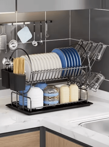 2 Tier Dish Drying Rack with Drain Board Kitchen Countertop Storage Set with Cup & Cutlery Holder