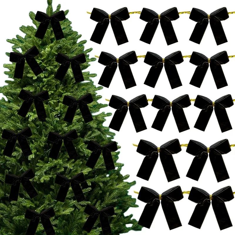 Red Velvet Christmas Tree Bows Set, Mini Gold Accent Holiday Decor for Trees, Wreaths and Gifts