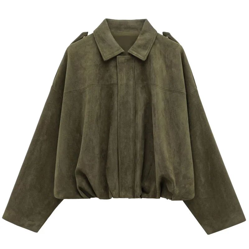HXAO Cropped Suede Bomber Jacket Women Lapel Zipper Racing Coat