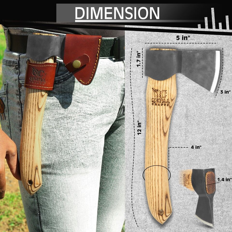 Hand-Forged Viking Bearded Hatchet | 13 Inch High Carbon Steel Tomahawk Axe with Natural Wood Handle & Leather Sheath