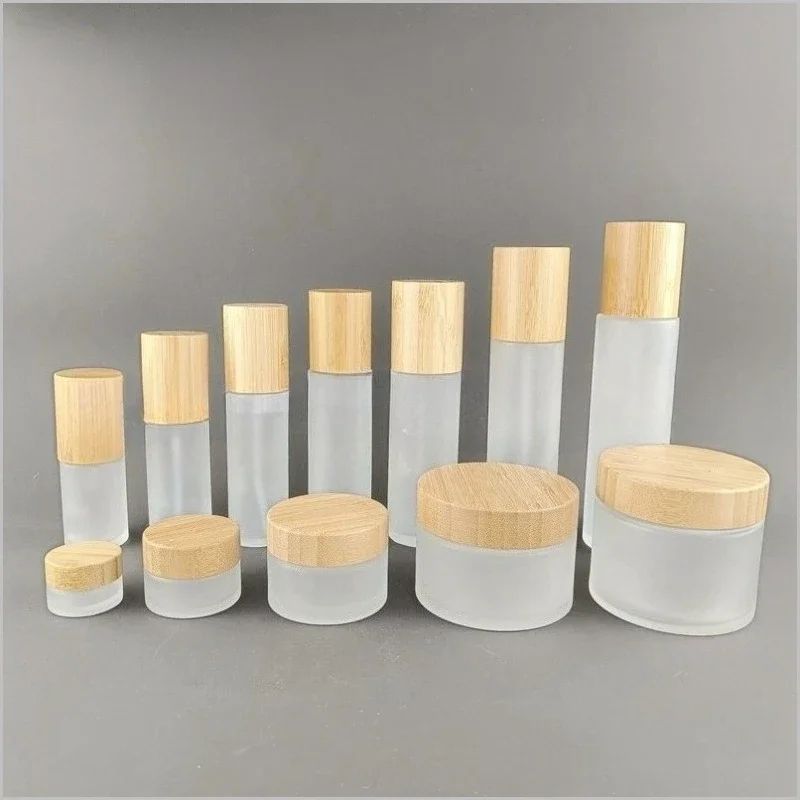 Frosted Glass Spray Bottle with Bamboo Lid – Refillable Fine Mist Lotion & Toner Dispenser
