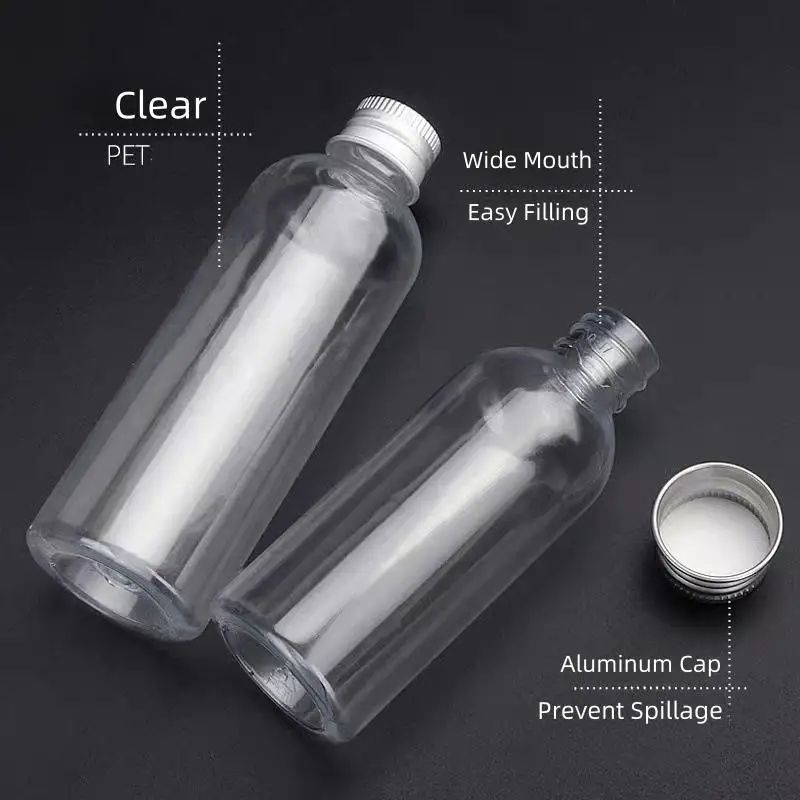 ClearGuard Refillable Travel Cosmetic Containers – 50pcs Plastic Sample Bottles with Aluminum Caps