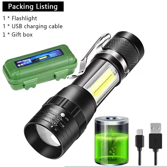 USB Rechargeable Mini COB+XPE LED Flashlight with Zoomable Beam and 3 Modes