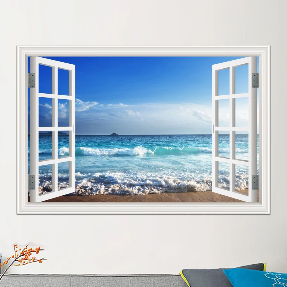 3D Beach Window Wall Sticker Ocean View Room Decor