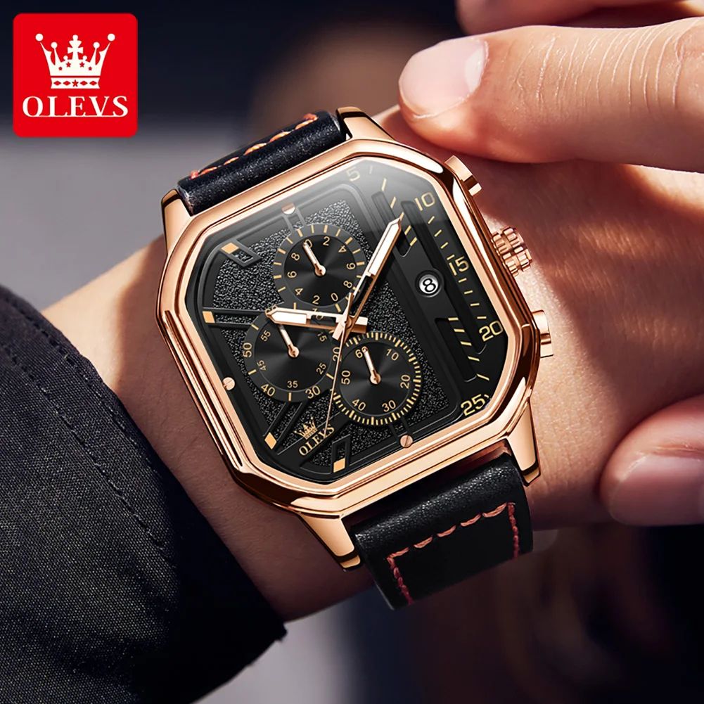 OLEVS 9950 Luxury Square Chronograph Men's Quartz Watch with Luminous Leather Strap