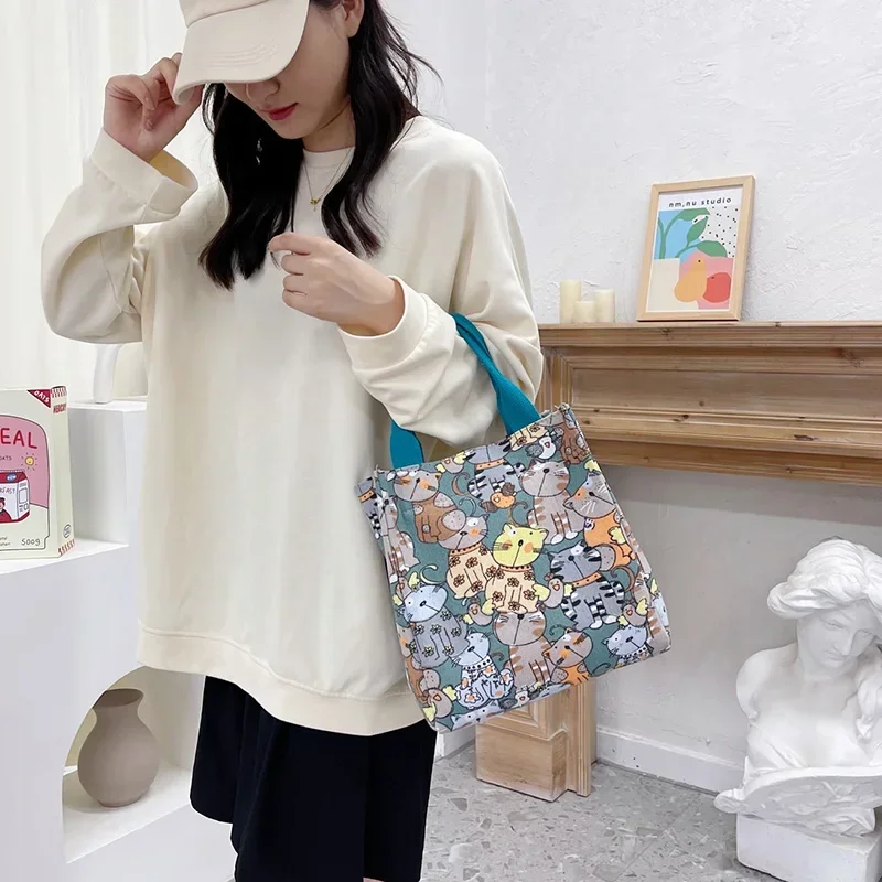 Cute Cat Pattern Tote Bag for Women Retro Top Handle Handbag Mommy Bag