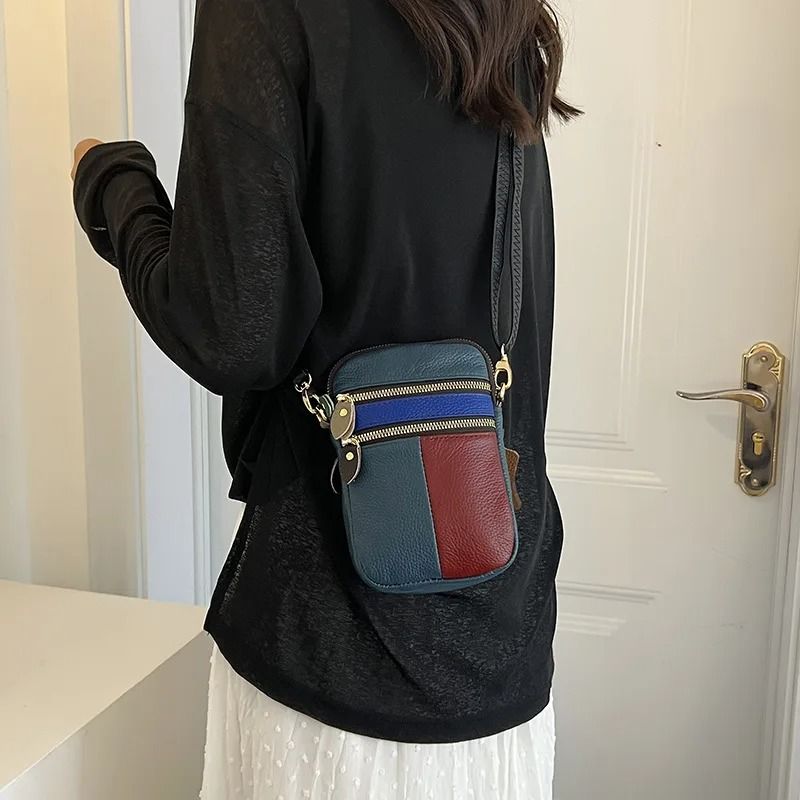 Soft Leather Womens Mini Shoulder Bag Multi Zipper Phone Crossbody Purse
