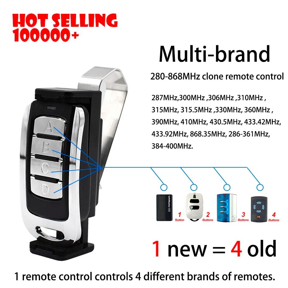 4-in-1 Multi-Frequency Garage Remote Clone 287–868MHz (4-Button)